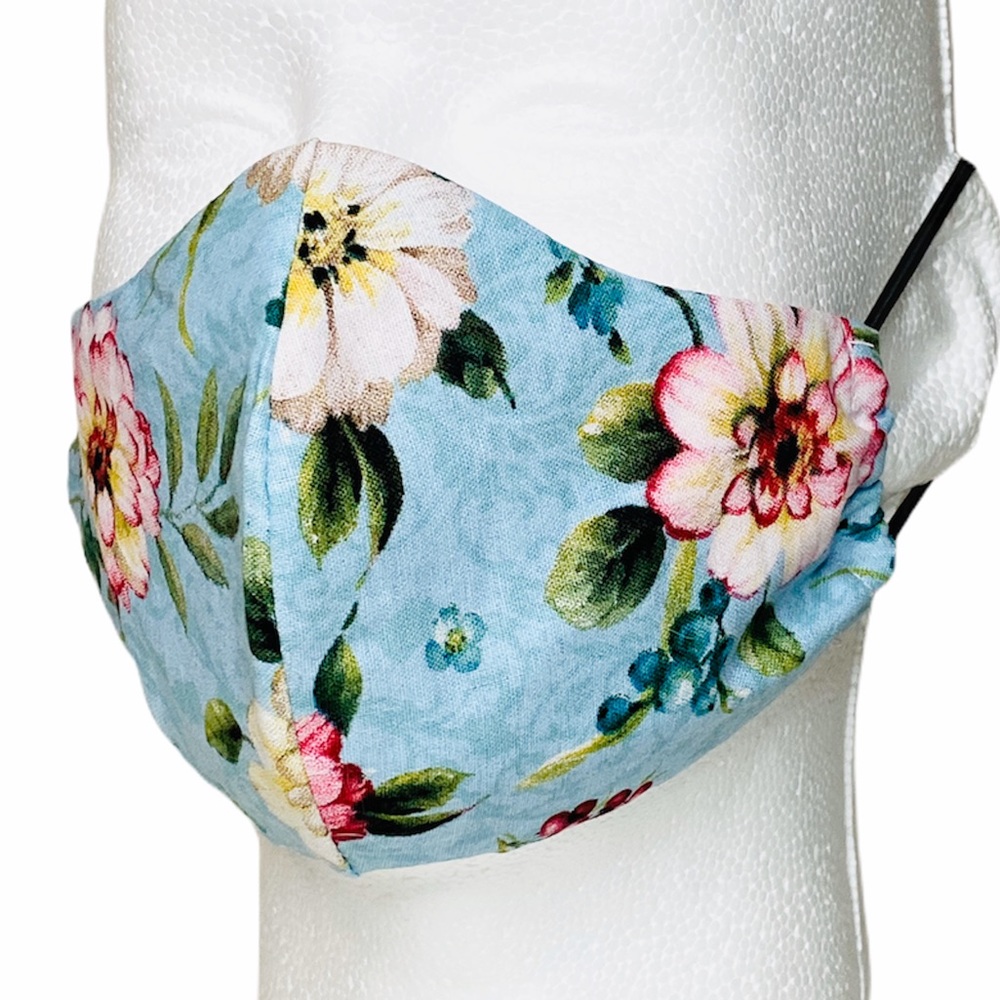 Light Blue Floral Homemade 100% Cotton Facemask - Picture 2 of 8